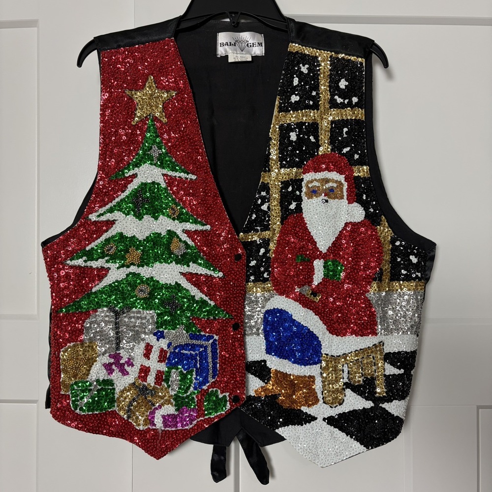 Vintage Bali Gem Sequin Christmas Vest Santa Tree Presents Unisex XL